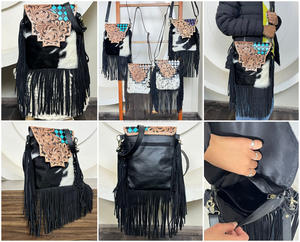 Sac à main bandoulière de luxe pour femme en cuir de vachette fleuri et gaufré, motif damier, avec franges en poils de vache - Product Image 3