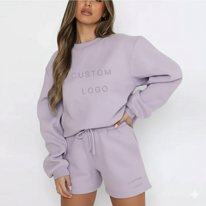 Womens Lavender Solid "CUSTOM LOGO" Text Print Crew Neck Oversized <b>Sweatshirt</b> and Shorts Set <b>Long</b> Sleeve Casual Streetwear - Product Image 5