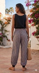 Women's High Waist Flat Harem Pants 100% Cotton Eco-Friendly Breathable Loose Fit Ankle Length <b>Elastic</b> Waist Printed Summer - Product Image 5