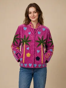 Pink <b>Velvet</b> Cotton Suzani Embroidered <b>Jacket</b> <b>Women</b> Handmade Tropical Sun Palm Heart Boho Ethnic Fashion Coat Wholesale - Product Image 5
