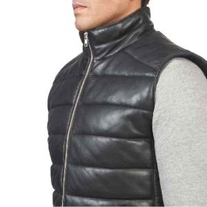 <b>Men's</b> Black Genuine <b>Leather</b> Stand Collar Puffer <b>Vest</b> With Zipper Closure Windproof Casual Winter Outerwear - Product Image 2