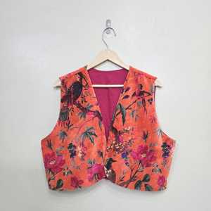 Floral & Bird Print Orange Velvet Sleeveless Vest – Luxury Designer Nature Inspired Outerwear - Product Image 4