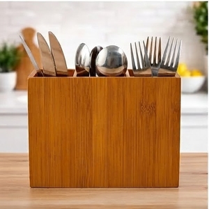 Eco-Friendly Mango Wood Utensil Holder 3 Compartment Rectangle Minimalist <b>Kitchen</b> <b>Storage</b> <b>Box</b> for Fork Spoon Knife Tableware - Product Image 3
