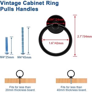 12 tiradores de metal negros mate modernos para cajones de tocador, gabinetes de cocina y armarios, con diseño de anillo y botón, de inserción - Product Image 3