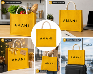 Sac de shopping en jute Amani, moyen, jaune, imprimé lettres, avec poignées en corde, idéal pour la plage, les mariages, les courses et l'usage quotidien - Product Image 5