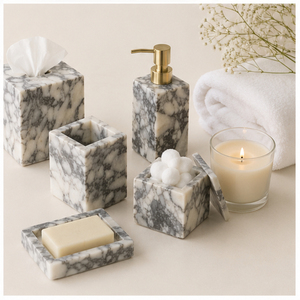 Ensemble d'accessoires de salle de bain en marbre de haute qualité, 5 pièces, organisateur de vanité en pierre naturelle artisanale pour la décoration de la maison et de l'hôtel - Product Image 4