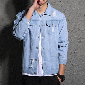 เสื้อแจ็คเก็ตยีนส์สีน้ำเงินสำหรับผู้ชาย ทรงปกติ สีพื้น ติดกระดุม ปิดแบบลำลอง เป็นมิตรกับสิ่งแวดล้อม แห้งเร็ว ซักได้ ผ้าฝ้าย 100% แบบขาดๆ - Product Image 6