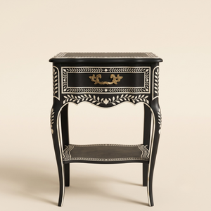 <b>Vintage</b> Bone Inlay Black <b>Bedside</b> <b>Table</b> 1 Drawer with Shelf Floral Handmade Nightstand Unique Furniture <b>Bedside</b> for Bedroom - Product Image 1