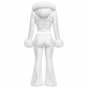 Custom Logo Rhinestone Fur Hooded Crop Jacket Bootcut Sweatpants Set <b>Ladies</b> Fleece Sweatsuit Sparkle Diamante <b>Outfit</b> Autumn - Product Image 4