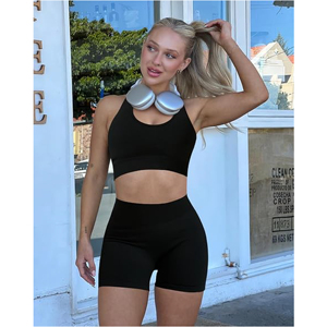 Ensemble de vêtements de sport pour femmes en 2 pièces, noir, soutien-gorge de sport à bretelles, short taille haute, respirant, en spandex et polyester, printemps-été, sportif - Product Image 2