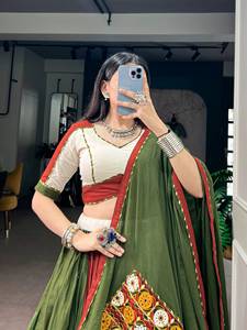 Traditional Indian Gamthi Work Gota Patti Lace <b>Lehenga</b> Set Dupatta Green Red Cotton Floor-Length Quick Dry <b>Women</b> Wear Wedding - Product Image 1