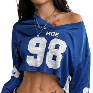 Camiseta deportiva de fútbol americano para mujer, manga larga, estilo crop top, con número, malla, estilo Y2K, años 90, cuello en V, gráfico, streetwear. - Product Image 1
