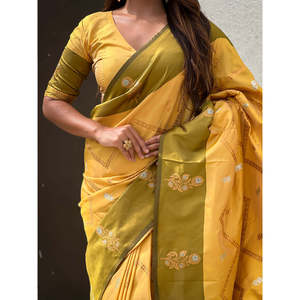 Chal Sari Indio Tradicional de Seda Suave Amarilla con Diseño Zig Zag y Bordado Zari de 650g - Product Image 5