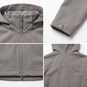 เสื้อแจ็คเก็ตกันน้ำสำหรับผู้ชาย ผ้า softshell พร้อมฮู้ด TPU โพลีเอสเตอร์ผสมสแปนเด็กซ์ กันลม สำหรับเดินป่ากลางแจ้ง รับทำโลโก้ OEM ปิดด้วยซิป - Product Image 4