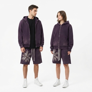 Conjunto de Sudadera con Capucha y Pantalones Cortos Acampanados Unisex de Algodón 100% Transpirable, Estilo Streetwear Personalizado, Efecto Desgastado por el Sol, Lavado Ácido, Liso - Product Image 2