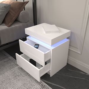 Modern Black <b>LED</b> Nightstand with High Gloss Drawers <b>Bedside</b> <b>Table</b> with 2 <b>LED</b> Lights for Bedroom - Product Image 3