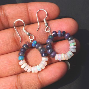 Natural Black White Ethiopian <b>Opal</b> Beads <b>Earrings</b>, 14K Silver & Gold Gift For Her - Product Image 1