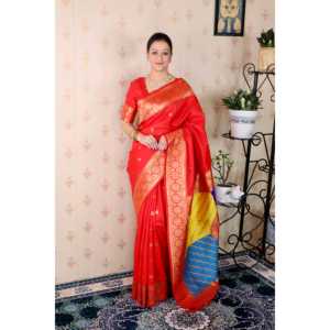 ผ้าซิ่นทอสีแดงลายพานาราซีหลากสี พร้อมลายปักดิ้นทอง  ผ้าไหมเนื้อนุ่ม สไตล์อินเดียและปากีสถาน น้ำหนัก 650 กรัม - Product Image 6