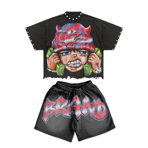 Wholesale Breathable Summer T-Shirt <b>Set</b> Streetwear Distressed Vintage Washed Cotton Tee Short Sleeve T-Shirt & Short <b>Set</b> - Product Image 4