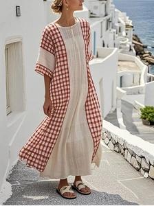 Robe maxi ample à col rond avec contraste de couleur à carreaux, manches courtes, en lin et coton, tenue décontractée d'été - Product Image 2