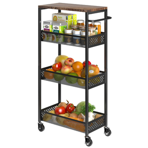 Carrito de Almacenamiento Rodante de 3 Niveles con Superficie de Madera, Cestas Metálicas Extraíbles Blancas, Estante de Almacenamiento para Cocina con Ruedas para el Hogar - Product Image 3