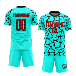 Ensemble d'uniformes de football unisexe, turquoise et noir, motif craquelé, maillot sublimé, short à séchage rapide, 100% polyester, col rond - Product Image 1