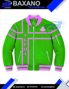 Alfa |   Kapa |   Chaqueta Varsity para Mujer Alpha, Verde y Rosa, con Letras Griegas Bordadas, Cierre Frontal, Estilo Preppy, Cuello y Puños con Cierre - Product Image 4