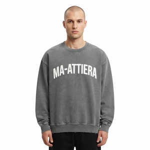 <b>Mens</b> Washed <b>Grey</b> Crewneck <b>Sweatshirt</b> 3D Letter Print Oversized Casual Streetwear Pullover - Product Image 1