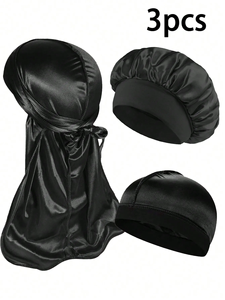 3pcs Men's Satin Headwrap Beanie And Cap Set Breathable Comfortable Casual Headwear - Product Image 2