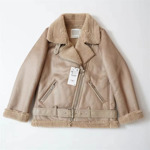 Chaqueta de Invierno para Mujer, Nueva, Combinada con Piel Sintética y Cuero, Estilo Bomber, Cierre de Cremallera, Transpirable, con Forro de Lana de Oveja y Piel de Vaca, Estilo Motociclista - Product Image 1