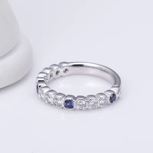 Women's White Gold Diamond <b>Ring</b> With Sapphire Side Stones Round Brilliant Cut Classic Engagement Jewelry IGI Certified - Product Image 1
