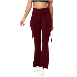 Leggings évasés taille haute pour femmes, couleur unie rouge vin, pantalon extensible en tricot avec poches, longueur intégrale, vêtements de yoga - Product Image 1