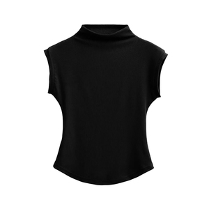 เสื้อยืดถักคอสูงแขนกุดสำหรับผู้หญิงทรงเข้ารูปสีทึบเสื้อลำลอง - Product Image 2