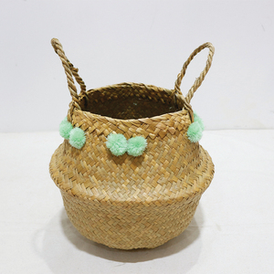Hot Sales Durable Circle Handmade Palm Leaf <b>Basket</b> Eco-Friendly <b>Foldable</b> Storage Bin with Mint Pom Pom Decor - Product Image 5