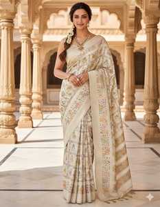 ผ้าไหมทอพิชไว ดีไซน์อินเดียสุดพิเศษ พร้อมเสื้อคลุมแฟชั่นทันสมัย เหมาะสำหรับงานปาร์ตี้ฤดูหนาว งานดิวาลี งานแต่งงาน และงานพิธีกรรมอื่นๆ - Product Image 4