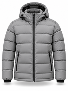 Men's Gray Hooded Puffer <b>Jacket</b> Winter Warm Windproof <b>Casual</b> Zipper Front Solid Color Polyester Wadding Thick Regular Fit - Product Image 1