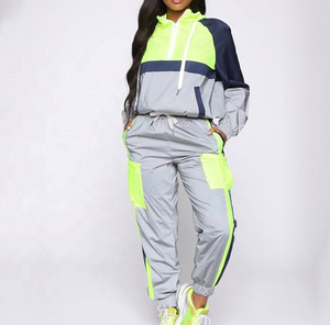 Women's Color Blocking Tracksuit Set Hooded Full Sleeve Sporty <b>Joggers</b> With Side Pockets Breathable Polyester Autumn Wear - Product Image 1