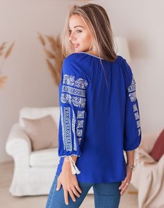 Women's Blue Embroidered Cotton Blouse With Tassel Detail Three Quarter <b>Balloon</b> Sleeve O-Neck Loose Fit Spring Summer top - Product Image 2