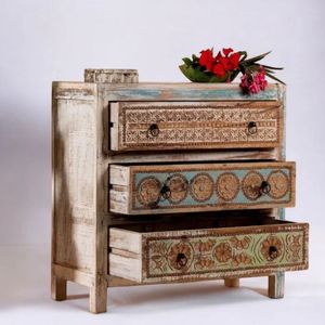 Handcrafted Recycled Wood 3 Drawer <b>Chest</b> Antique Cabinet Carved <b>Storage</b> Drawer Cabinet for Living Room Bedroom - Product Image 2