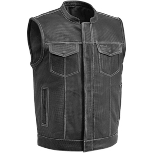 Custom <b>Men's</b> <b>Black</b> Perforated Genuine Cowhide Leather Motorcycle Vest Stand Collar Biker Club Leather <b>Waistcoat</b> - Product Image 1