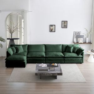 Divano Componibile a U Convertibile in Ciniglia Verde a 5 Posti con 1 Pouf per Soggiorno - Product Image 2