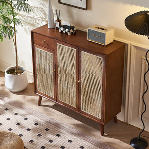 <span class=keywords><strong>Meuble</strong></span> de rangement à chaussures en rotin avec structure en <span class=keywords><strong>bois</strong></span> massif, organisateur d'entrée à 4 niveaux et un tiroir, idéal pour la décoration intérieure de style Mid-Century - Product Image 3