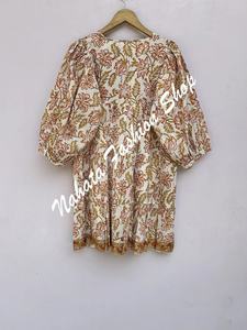 Nouveauté Robe longue en coton imprimé de fleurs dorées et rouges pour femmes, manches 3/4 avec cravates en coton, mini robe d'été pour femmes - Product Image 6