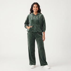 Ensemble deux pièces pour femme, sweat à capuche zippé en velours 100% coton molletonné, coupe ample oversize à épaules tombantes, style boxy, survêtement chaud d'hiver - Product Image 1