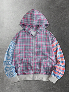 Chaqueta a cuadros con bloques de color y logotipo personalizado, sudaderas con capucha personalizadas al por mayor, top informal de felpa francesa suave de 350 GSM, moda urbana de EE. UU. - Product Image 2