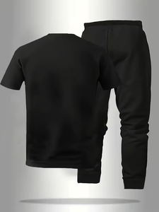 Mens Summer Casual Solid ODM 2pcs Sportswear Set Comfortable Breathable Knitted Fabric Stylish Classic Crew Neck T-Shirt - Product Image 3