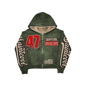 Chándal de algodón personalizado con capucha cortavientos, estilo urbano, con parches bordados desgastados, logo, diseño de diamante, oversize, efecto descolorido por el sol y lavado ácido. - Product Image 2