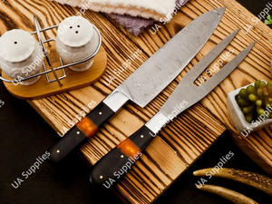 Juego de Cuchillo y Tenedor Profesionales para Tallar y Rebanar, Hechos a Mano con Acero de Damasco, 2 Piezas, Afilados como Cuchillas, Mango Personalizado OEM/ODM - Product Image 5