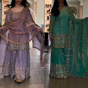 Nouveau style indien Shalwar Kameez, spécial soirée Dubaï, broderie lourde, en soie Georgette, haut non cousu réversible, Sharara et Dupatta - Product Image 6