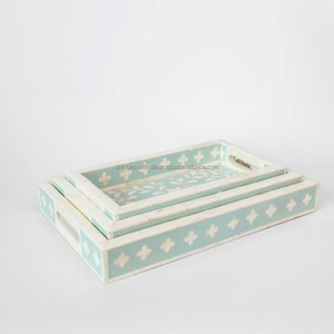 Juego de Tres Bandejas Artesanales con Incrustaciones de Hueso Azul Claro y Diseño Floral para Decoración Elegante de Cocina y Mesa de Centro - Product Image 1